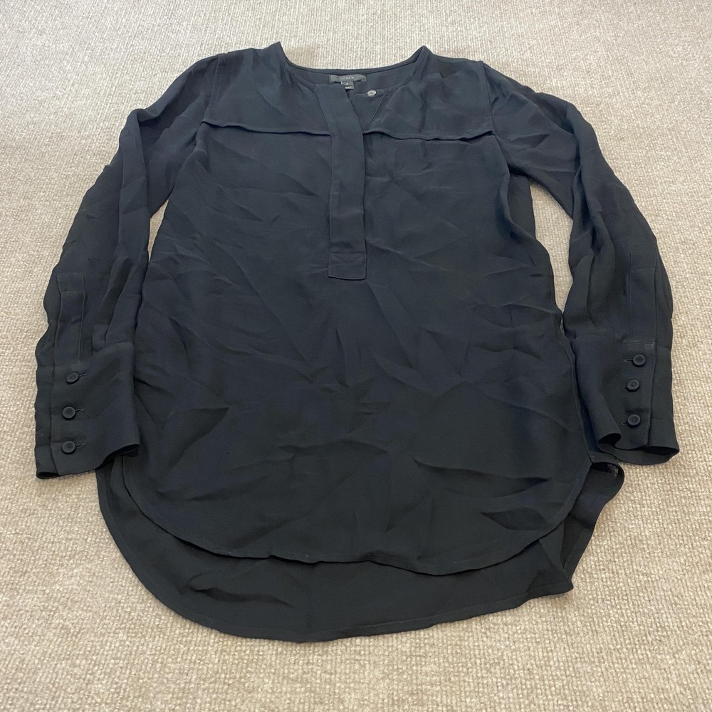 J.Crew Shirt Womens 2‎ Black Viscose Long Sleeve Henley Tunic Top Blouse